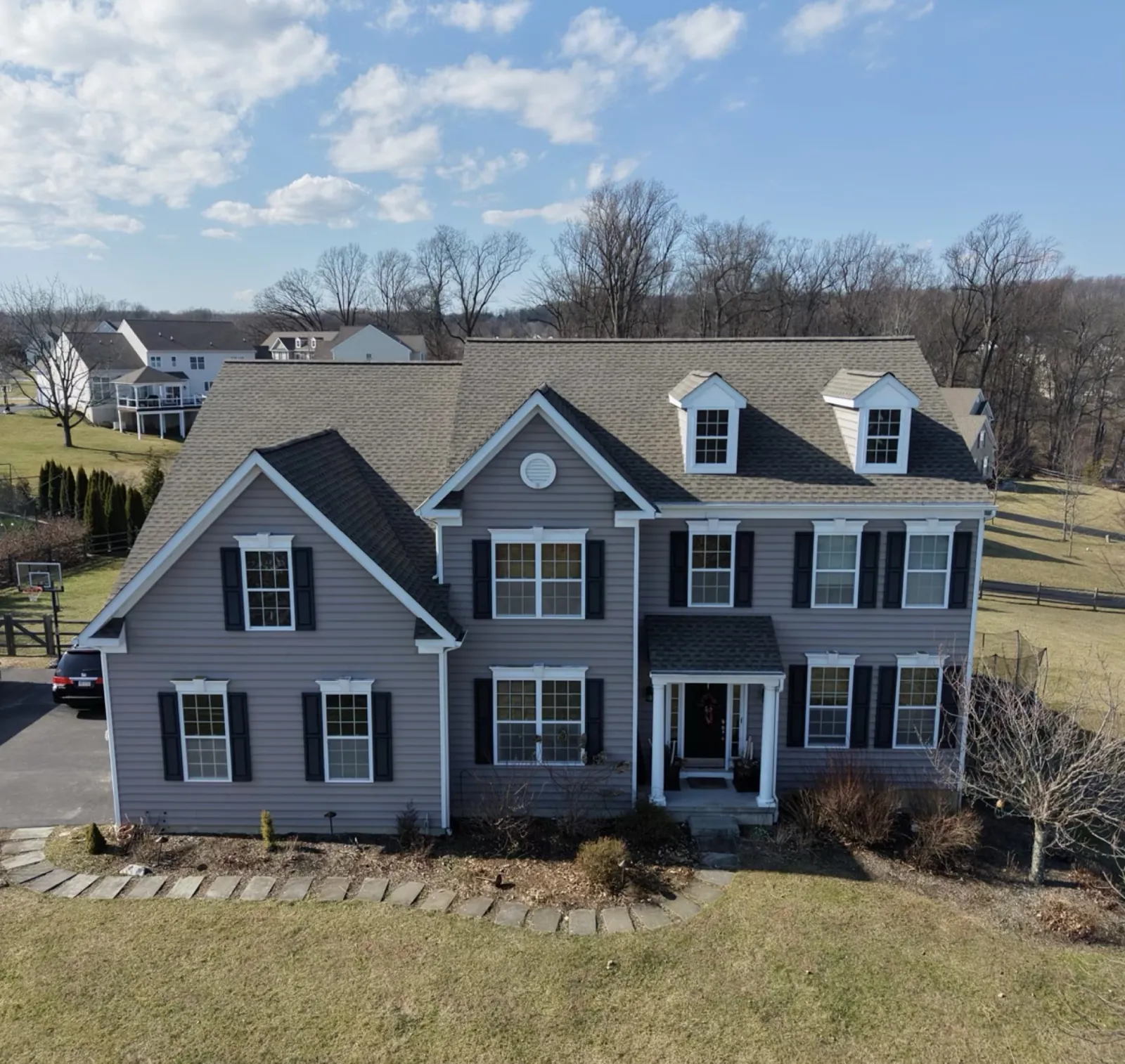 Newly replaced roof on a Chester County colonial home, front view